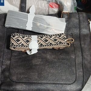 Gray Tote Bag with Patterned Straps